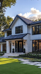 Modern luxury home with sleek design, featuring large windows, stone accents, and beautifully landscaped yard. architecture blends elegance with comfort, creating serene atmosphere