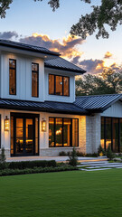 Modern luxury home exterior with large windows, landscaped yard, and sunset sky. elegant design features mix of stone and wood elements, creating warm atmosphere