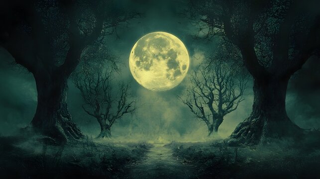 Haunting Forest Trail Under a Ghostly Moonlit Sky in a Dark Fantasy Landscape   Eerie trees reaching out against a mysterious atmospheric backdrop with an ominous supernatural feel