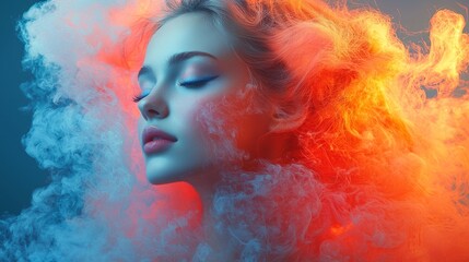 Portrait of a Woman Amidst Blue and Orange Clouds