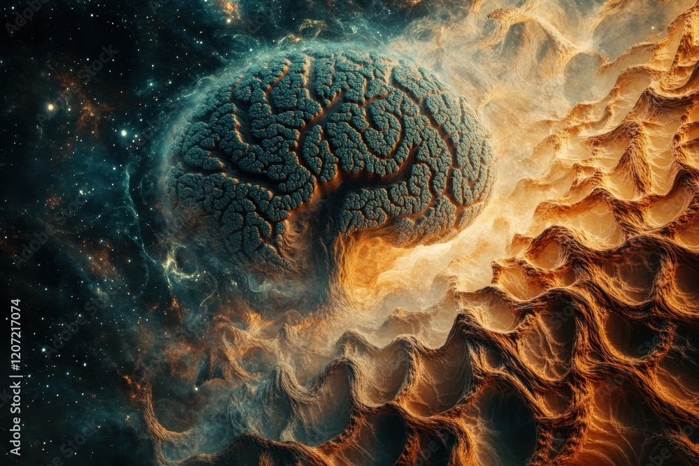 Poster cosmic representation of a brain with swirling patterns of light and texture in the universe