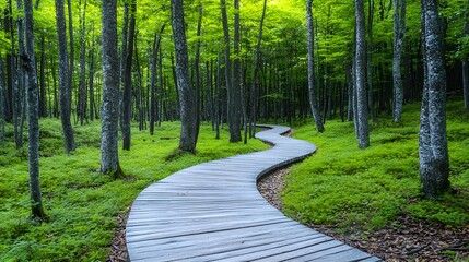 Winding wooden pathway snaking through a serene and lush green forest landscape creating a tranquil and idyllic natural setting perfect for escaping the hustle and bustle of everyday life