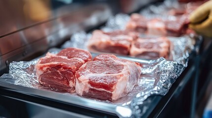 A worker in a meat factory packs meat into plastic foil using machinery.
