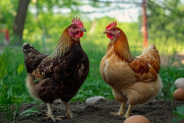 Fototapeta premium Two chickens explore a sunny garden, surrounded by lush greenery and fresh eggs
