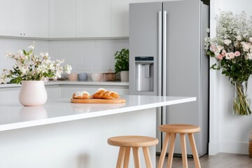 Modern white kitchen with island, refrigerator, flowers and pastries displaying comfortable and cozy atmosphere
