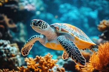 Playful turtles swimming through different underwater scenes, each one interacting with vibrant coral and other sea creatures in a lively marine environment.
