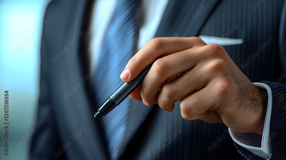 Poster close up view of a businessman s hand using a marker to highlight and emphasize important points dur
