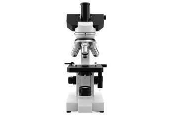 Modern scientific microscope with black and white detailing, isolated on white background