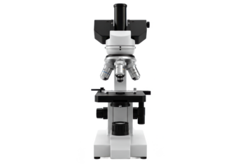 Modern scientific microscope with black and white detailing, isolated on white background