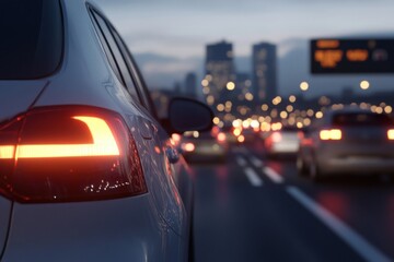 White car stuck in evening traffic jam on highway near city