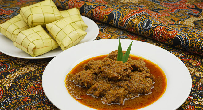 Beef meat rendang with diamond-shaped rice cake ketupat on white plate, with kain batik cloth at background