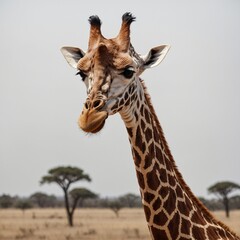 Fototapeta premium A tall giraffe with intricate patterns on its neck, against a clear white background.
