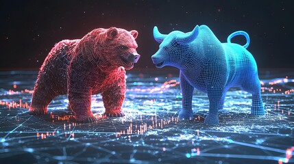 Symbolic high tech representation of a market battle between a red bear and blue bull figures set against a glowing data driven graph interface and cityscape backdrop  This conceptual