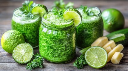 Three vibrant glasses of green smoothie, adorned with zesty limes and lemons, promise a refreshing burst of flavor and vitality.