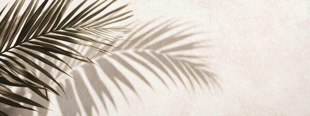 Elegant shadows from palm leaves on a beige sandstone background create a tranquil minimalistic pattern