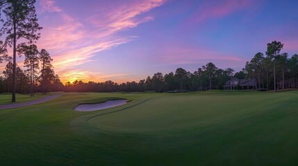 Golf course at sunset with beautiful sky and sand trap. Scenic panoramic view of golf fairway with bunker. Golf field with pines