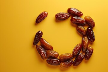 Obraz premium Crescent moon shape from medjoul dates on a yellow background.