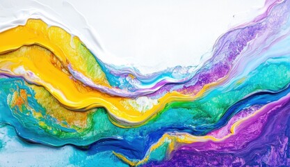 An abstract painting of colorful waves on a white background.

