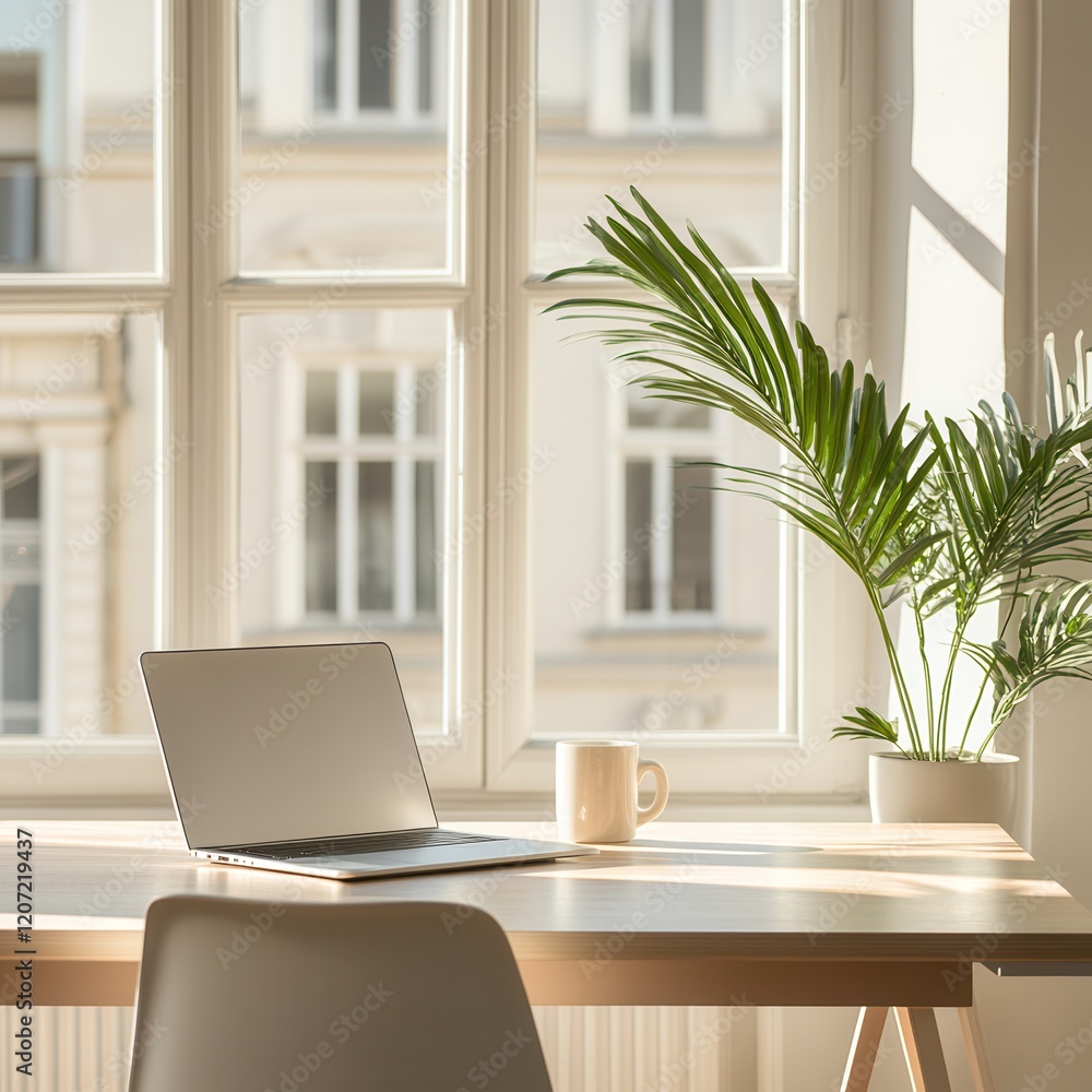 Poster a sleek laptop rests on a polished desk, sunlight streaming through the window, casting soft shadows