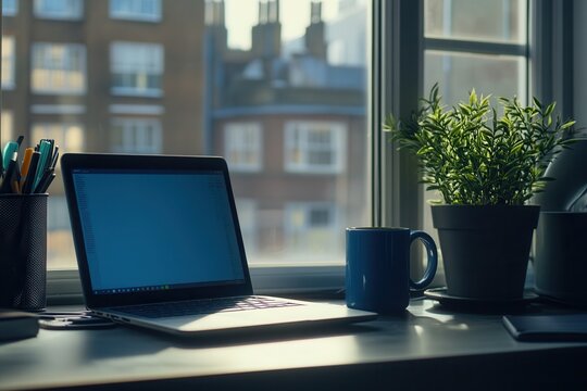 A sleek laptop rests on a polished desk, accompanied by a steaming cup of coffee, inviting creativity and focus in a cozy workspace.