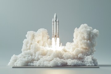 A rocket, taking off from a tabletop. Smoke is coming out from the engines, and there are white smokes around it. 