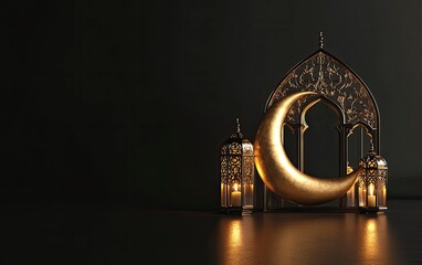 3D rendering of a golden Islamic Ramadan Kareem concept with a crescent moon and lantern on a black background for a product display podium, mockup design template, copy-space. 