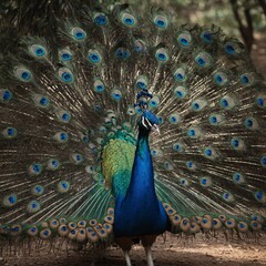 Obraz premium A blue peacock with its tail feathers fanned out on a plain background.