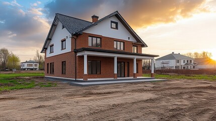 Obraz premium A rustic house rises from the earth, its wooden beams reaching for the sky, surrounded by rich brown soil and hints of greenery emerging around it.