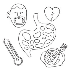 Stomach ache and pain related editable outline icons.