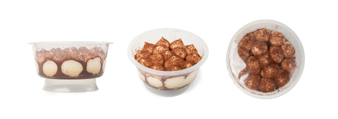 Tiramisu Cake Isolated, Coffee Dessert, Italian Tiramisu Biscuit with Mascarpone and Cocoa Powder