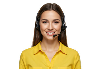 Smiling female call center agent wearing a headset and a yellow shirt isolated on white background