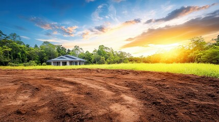 Fototapeta premium A rustic house stands in a sunlit field, framed by wildflowers, with a winding dirt road leading to its welcoming door under a vast blue sky.