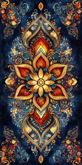 Obraz premium Intricate Golden Floral Mandala Design Rich Hues Dark Blue Background Artistic Textile Pattern