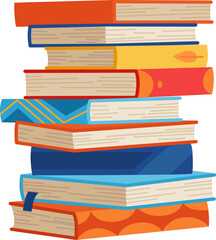 High book stacks or pile. Library textbooks and school literature heaps, dictionaries. Bookstore advertise. Cartoon stacked books angle view with different colorful covers isolated on white