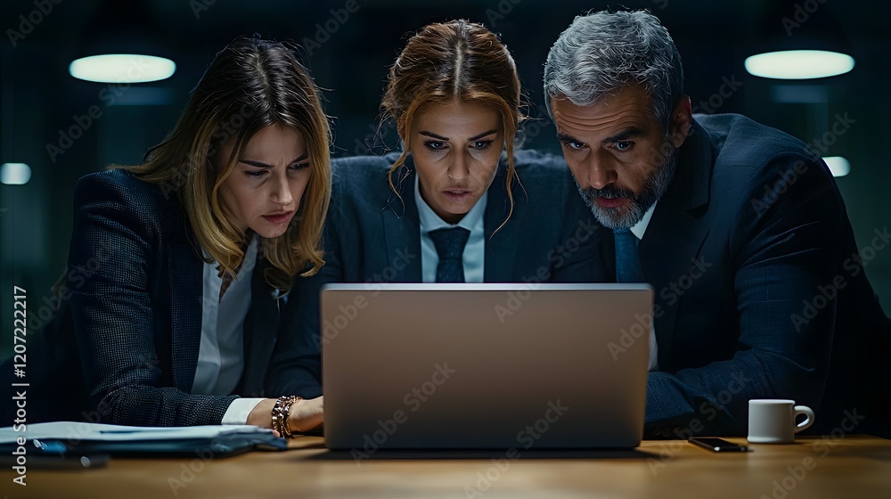 Poster group of focused business professionals having an intense discussion and analyzing important data sh