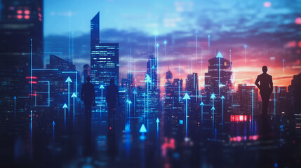 Obraz premium abstract professional business team people connection of line from nail node to node on Smart digital cityscap and skyline background , Innovation networking concept