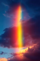 Vertical rainbow, colorful clouds, dramatic sky.