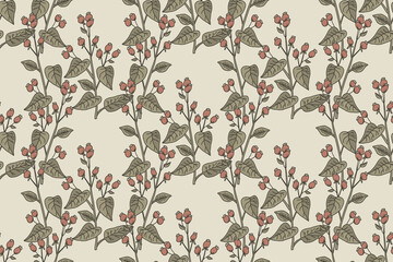 Botanical abstract seamless branch with leaves and berries pattern vector illustration. Repeating tree plant print in beie pastel colors. Graphic design for Wallpaper Wedding Cover Wrapping Textile