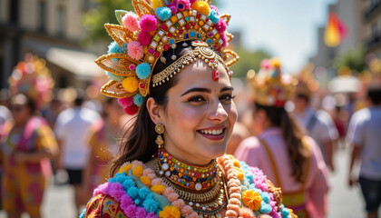 Fototapeta premium Joyful young woman in colorful carnival costume at festive parade, celebration