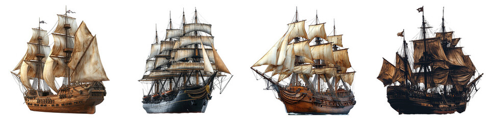 Historic Wooden Sailing Ships with Full Sails on transparent background