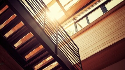 Fototapeta premium A stunning aerial view reveals a majestic staircase bathed in natural light from a large window and an ethereal skylight above, inviting exploration and wonder.