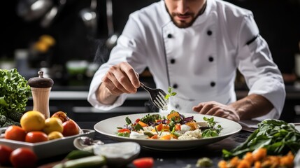 A professional chef preparing a gourmet meal, featuring organic ingredients and creative plating, showcasing culinary excellence and healthy eating