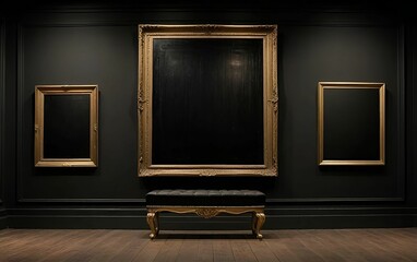 Antique art gallery frame on royal black wall in auction house or museum, exhibition blank template with white blank copy space for artwork concept mockup design
