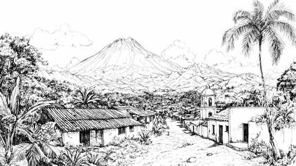 Scenic Village Sketch with Volcano: Traditional Life in El Salvador - Rustic Latin American Charm Captured in an Evocative Line Drawing
