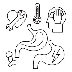 Stomach ache and pain related editable outline icons.