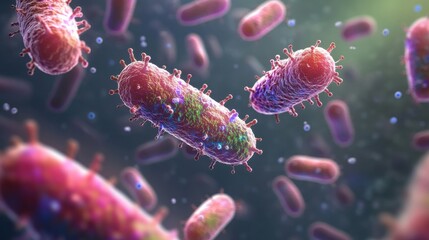 Fototapeta premium A high-resolution microscopic image of virus cells interacting with bacteria microbiota, surrounded by soft light effects for a medical research theme