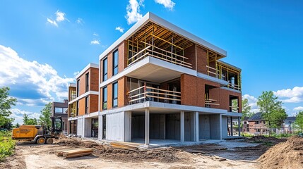 A bustling construction site buzzes with activity, showcasing a skeletal building rising against the sky, surrounded by machinery and workers in motion.