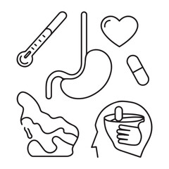 Stomach ache and pain related editable outline icons.