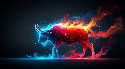 Fiery bull, flames, dark background, power, energy, strength, concept art