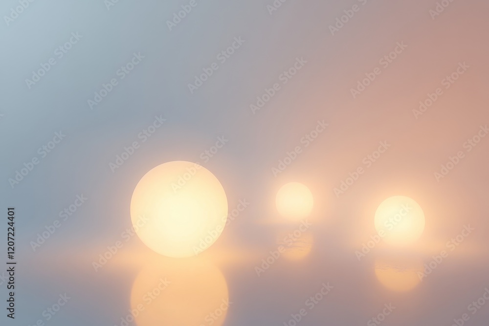 Poster soft glowing orbs illuminate a misty space creating an ethereal atmosphere